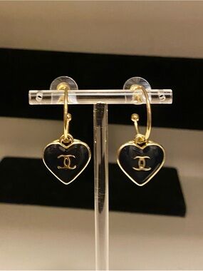 Fashion Jewelry Black and Gold Luxury Heart Hoop Earrings Interlocking C-C